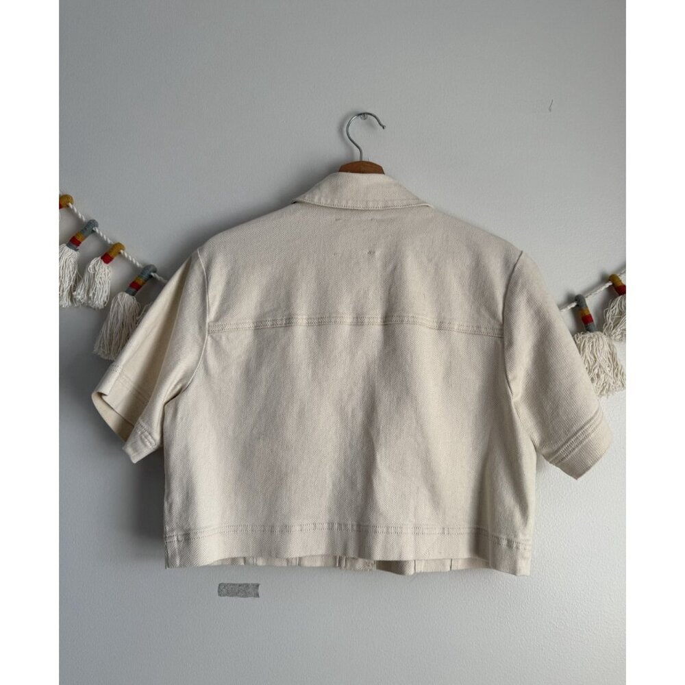 Habitual Braided Yoke Short Sleeve Denim Cropped Shacket Neutral Classic Boho M - Picture 2 of 9